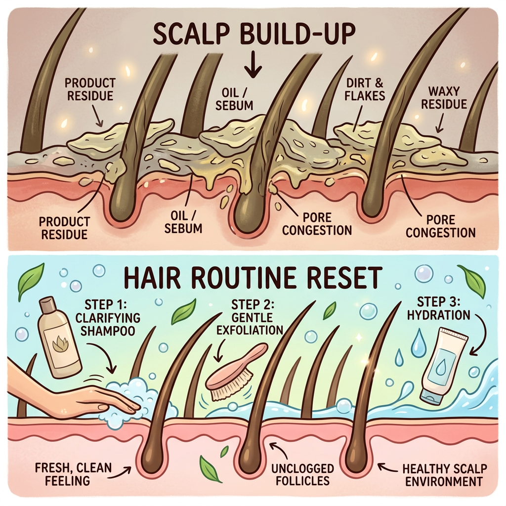 Diagram of scalp buildup with product residue, oil, dirt, and pore congestion, followed by a hair routine with clarifying shampoo, gentle exfoliation, and hydration to improve scalp health.